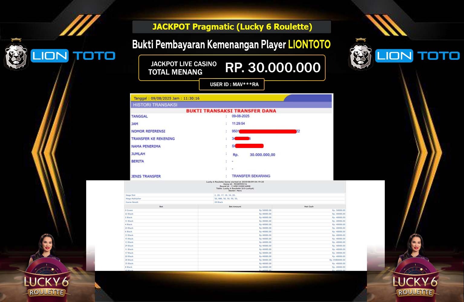LIONTOTO JACKPOT Pragmatic (Lucky 6 Roulette) Rp.30.000.000,- LUNAS