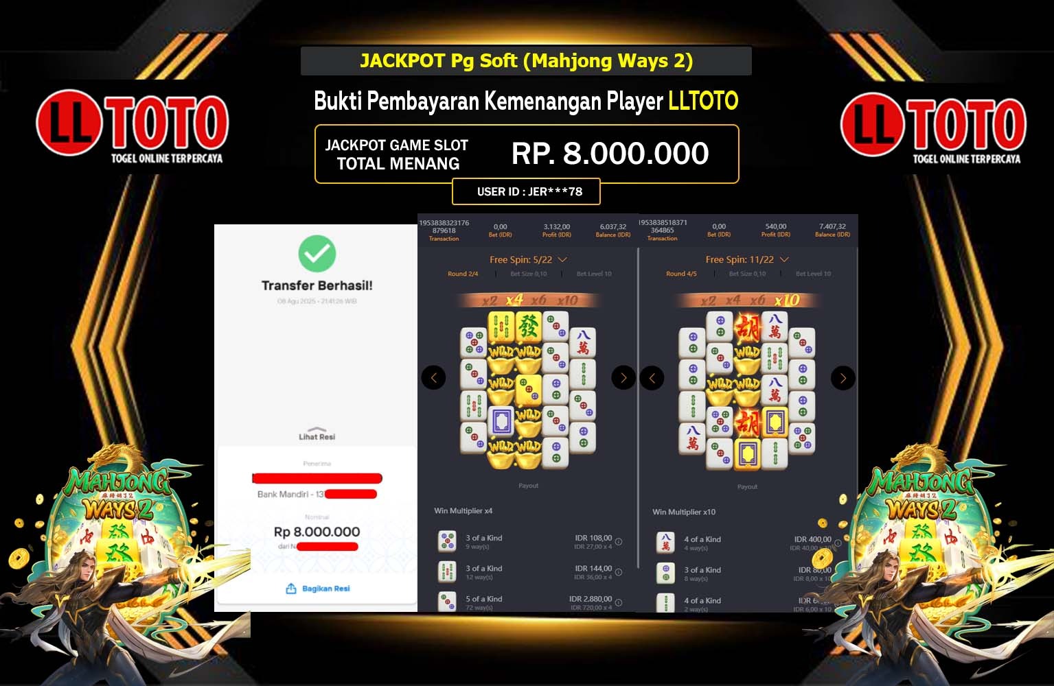 LLTOTO JACKPOT PGSOFT (MAHJONG WAYS 2) Rp.8.000.000,- LUNAS