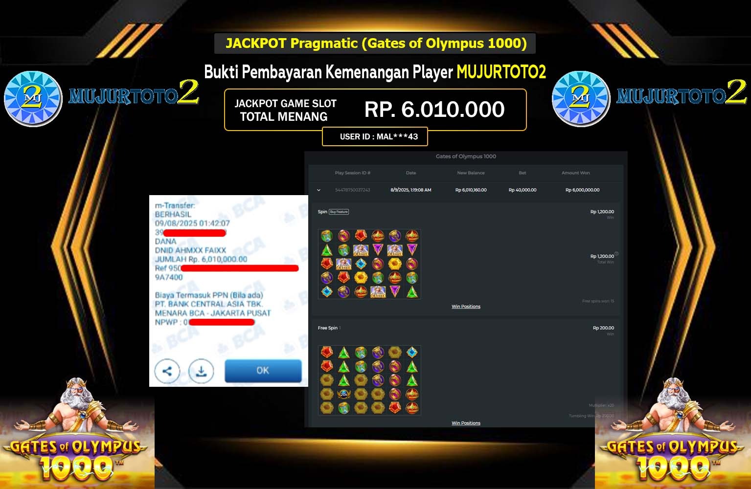 MUJURTOTO2 JACKPOT Pragmatic (Gates of Olympus 1000) Rp.6.010.000,- LUNAS