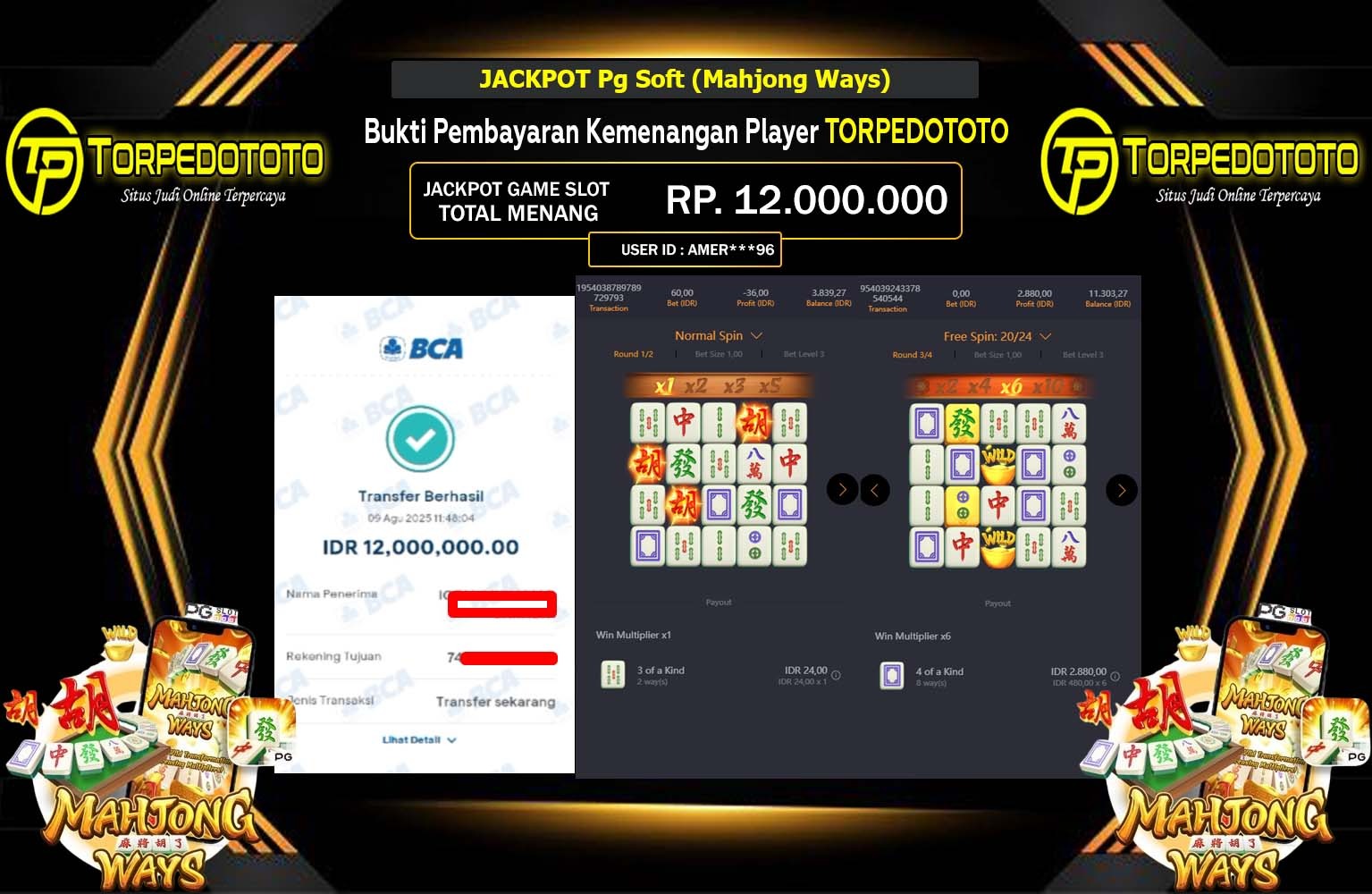 TORPEDOTOTO JACKPOT PG SOFT (MAHJONG WAYS)  Rp.12.000.000,- LUNAS