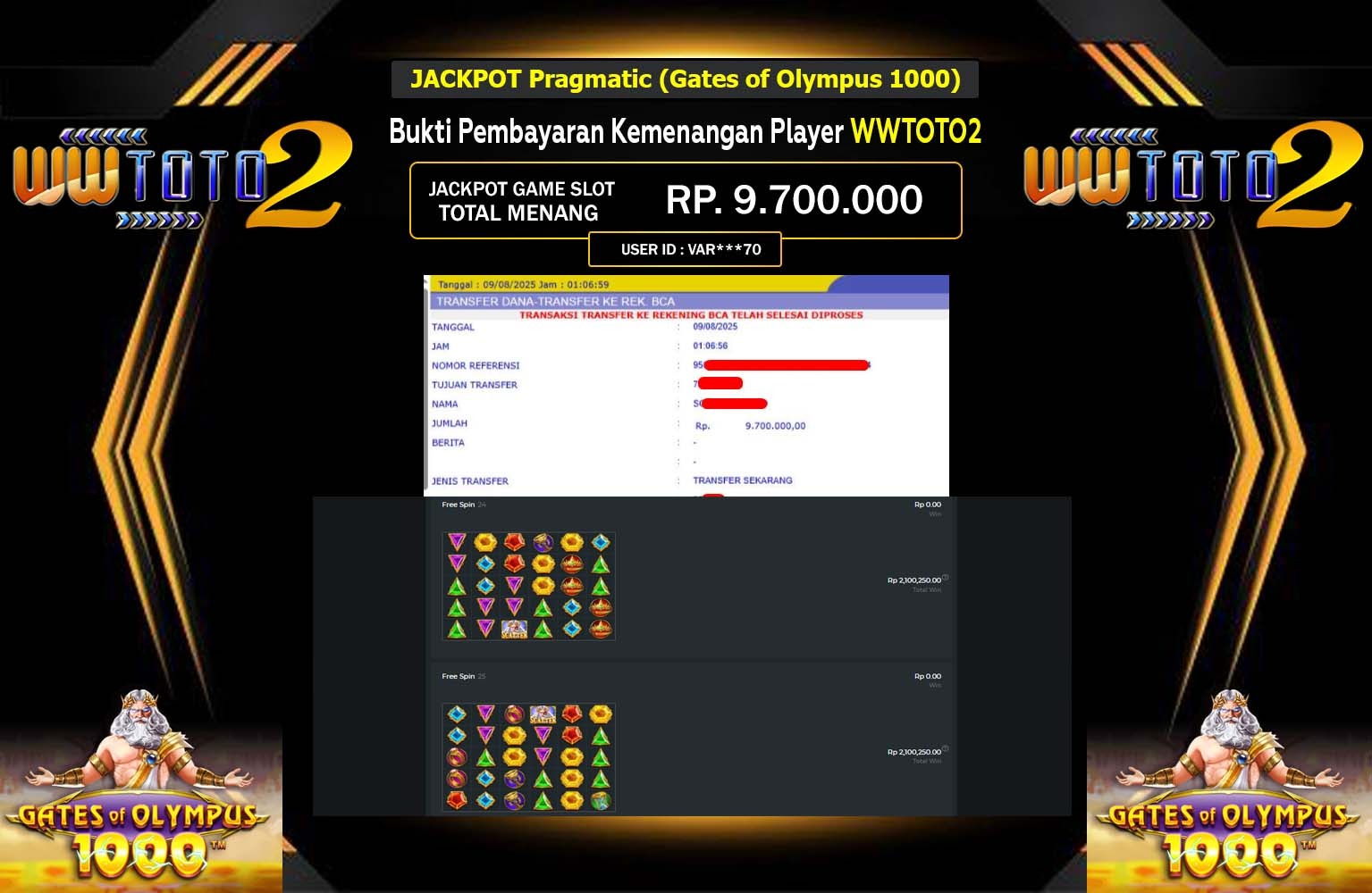 WWTOTO2 JACKPOT PRAGMATIC GATES OF OLYMPUS 1000 Rp.9.700.000,- LUNAS
