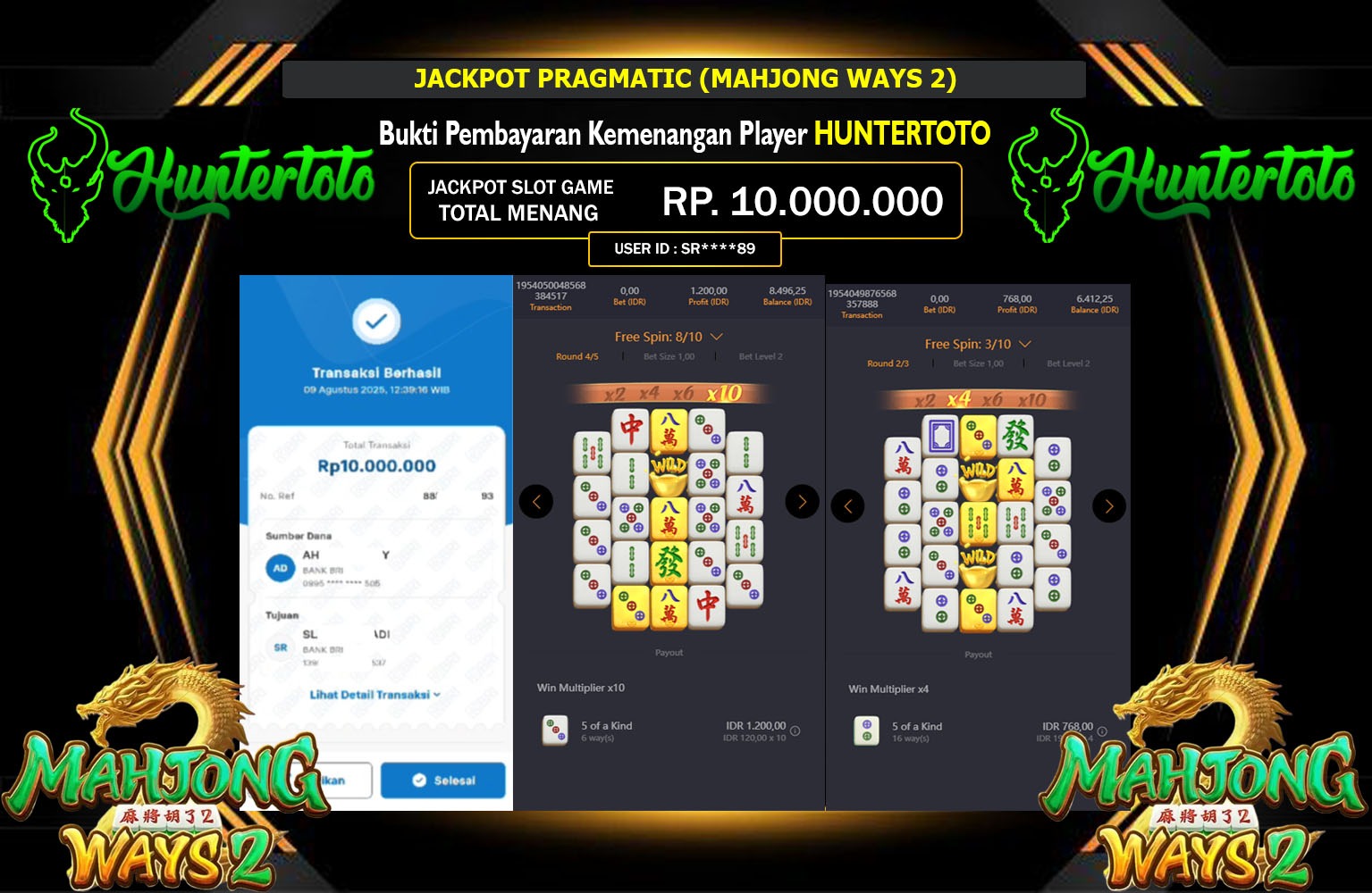 HUNTERTOTO JACKPOT PG SOFT (MAHJONG WAYS 2)  Rp.10.000.000,- LUNAS