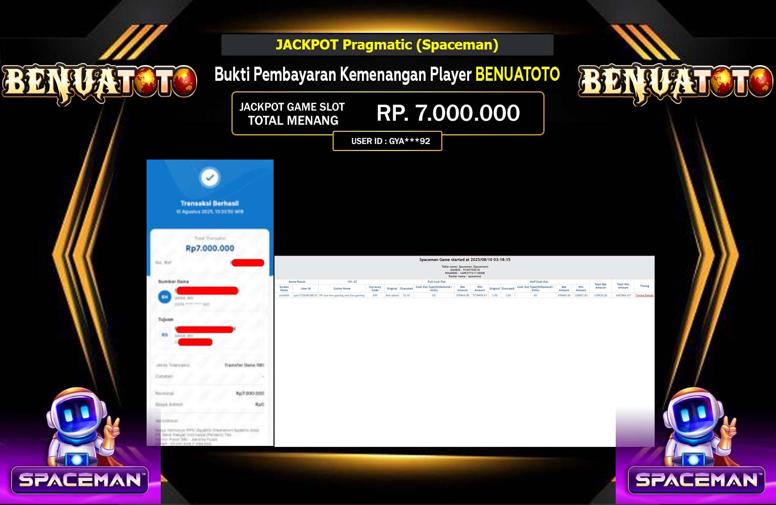 BENUATOTO JACKPOT Pragmatic (Spaceman) Rp.7.000.000,- LUNAS