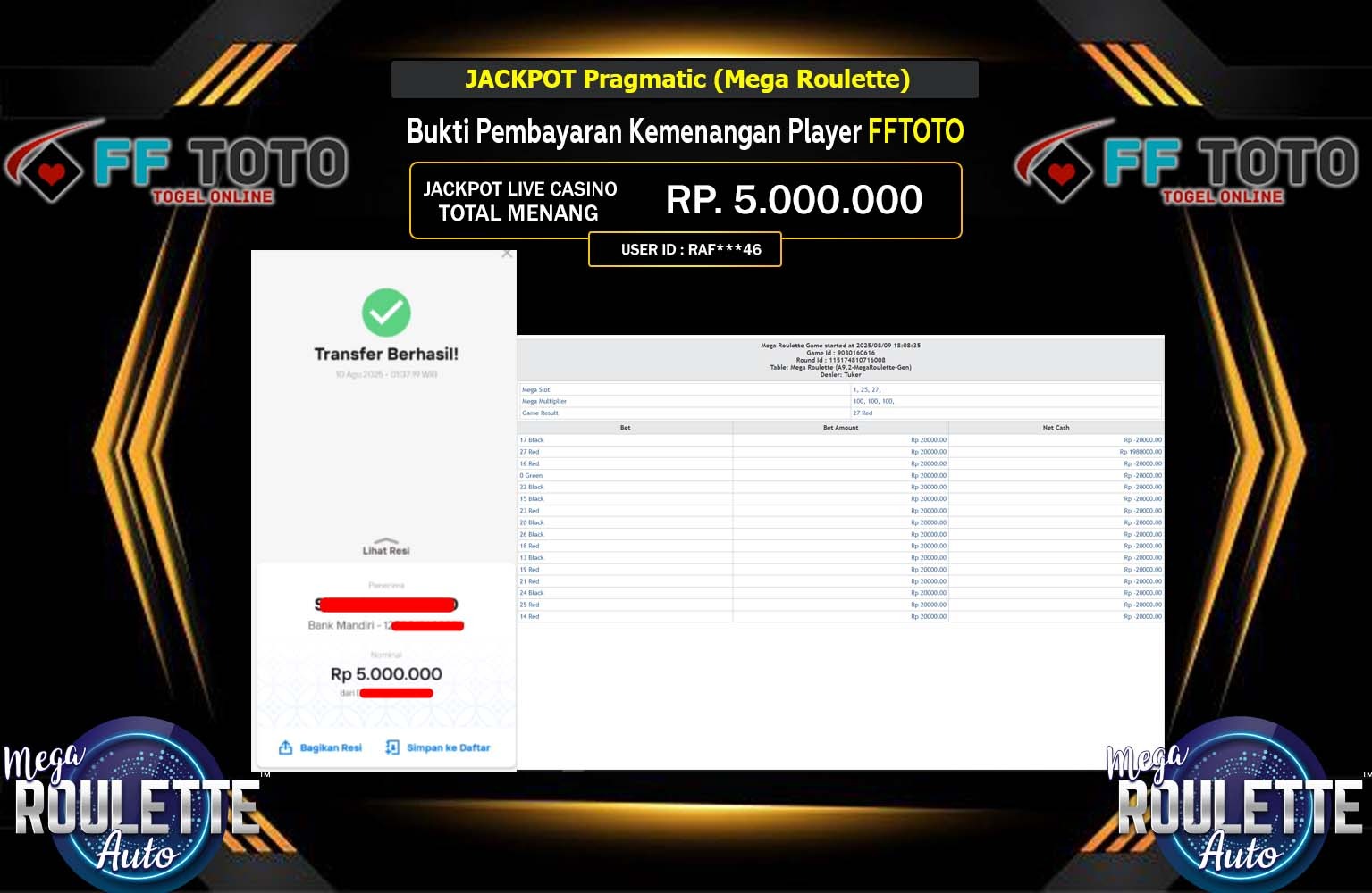 FFTOTO JACKPOT Pragmatic (Mega Roulette) Rp.5.000.000,- LUNAS
