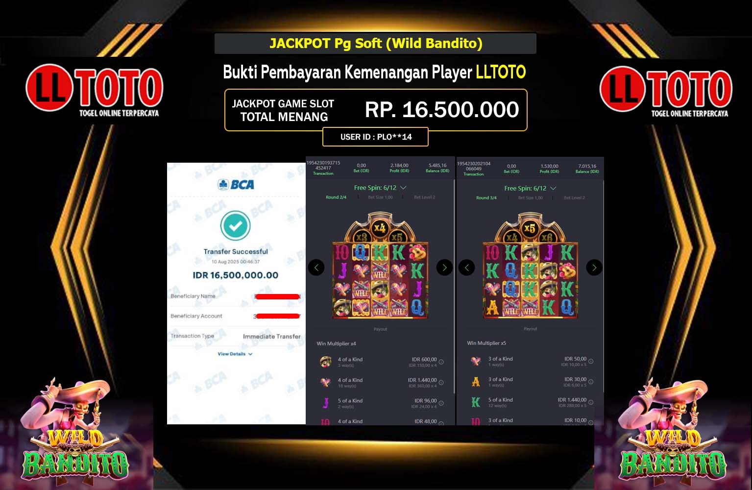LLTOTO JACKPOT Pg Soft (Wild Bandito) Rp.16.500.000,- LUNAS
