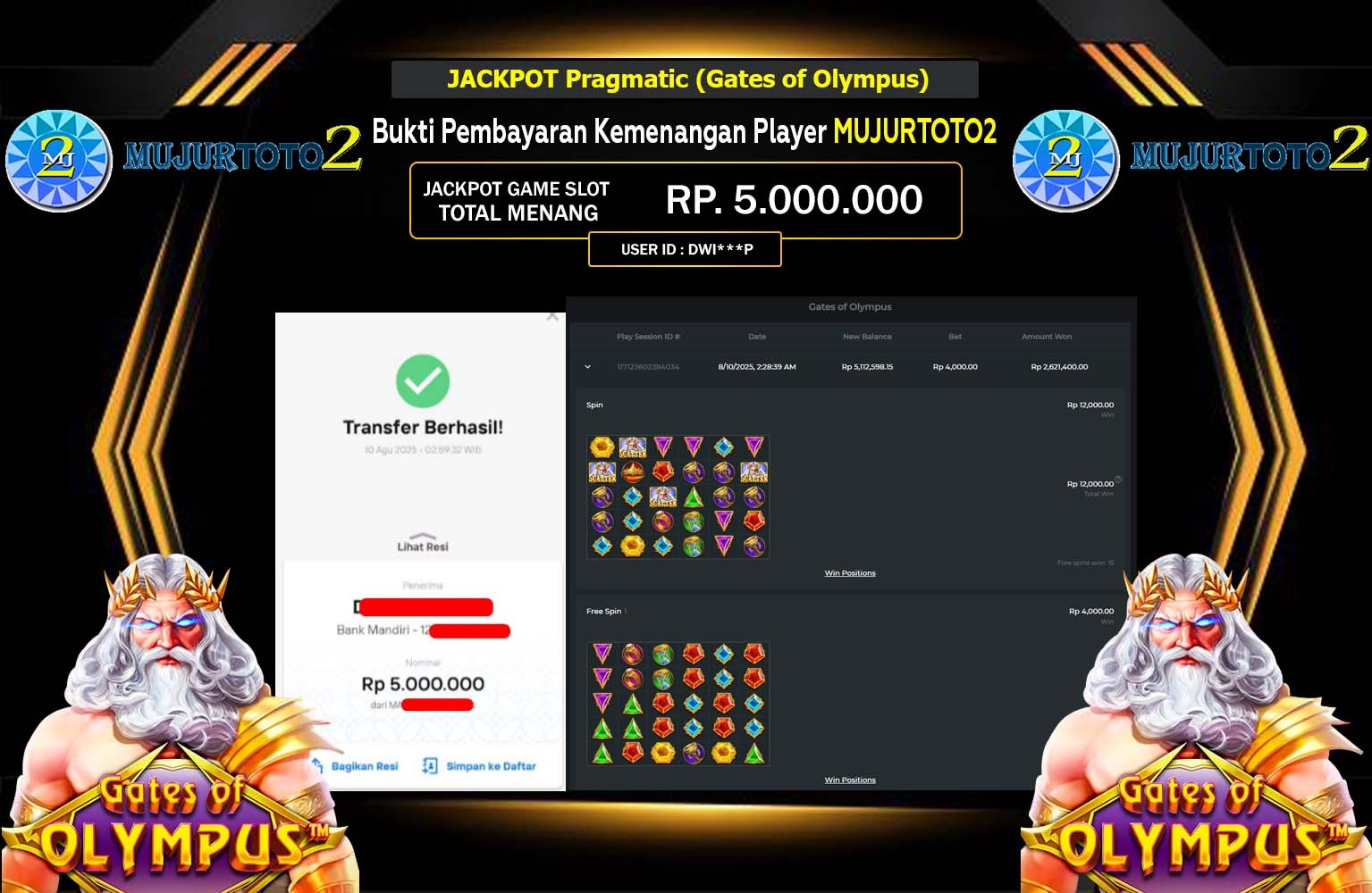 MUJURTOTO2 JACKPOT Pragmatic (Gates of Olympus ) Rp.5.000.000,- LUNAS