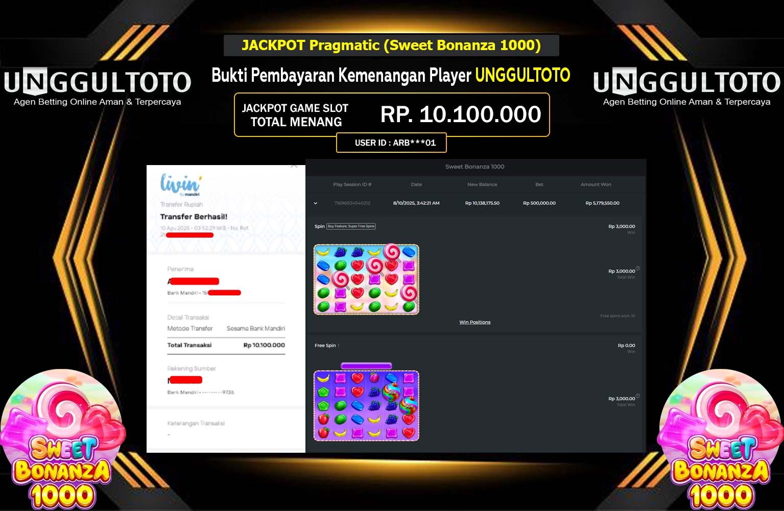 UNGGULTOTO JACKPOT Pragmatic (Sweet Bonanza 1000) Rp.10.100.000,- LUNAS