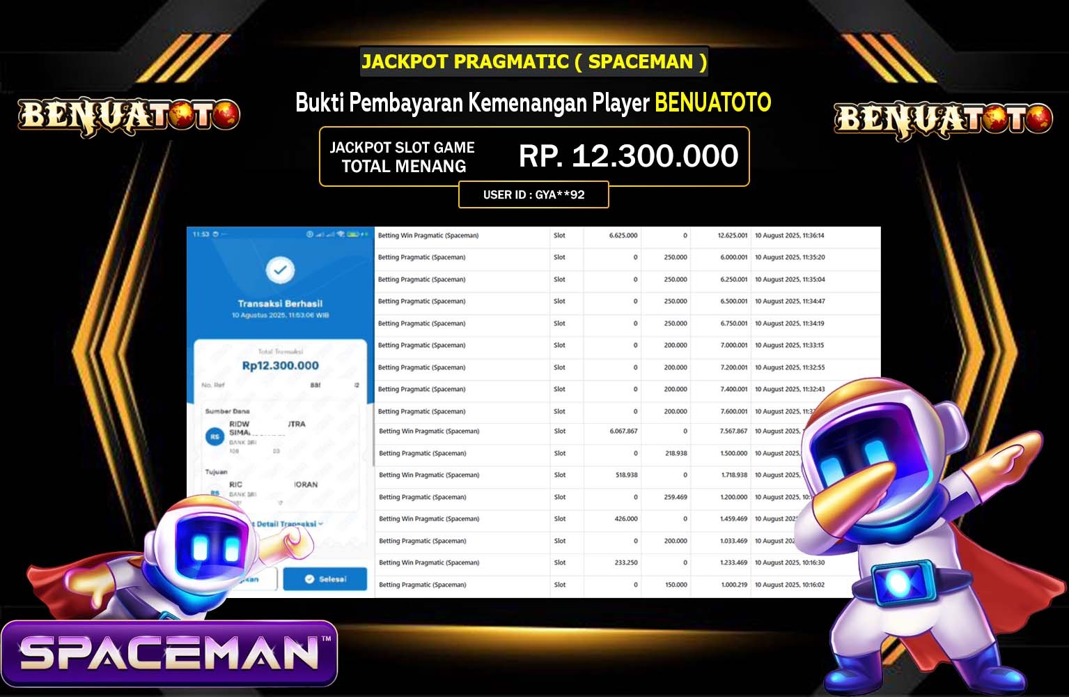 BENUATOTO JACKPOT PRAGMATIC (SPACEMAN) Rp.12.300.000,- LUNAS