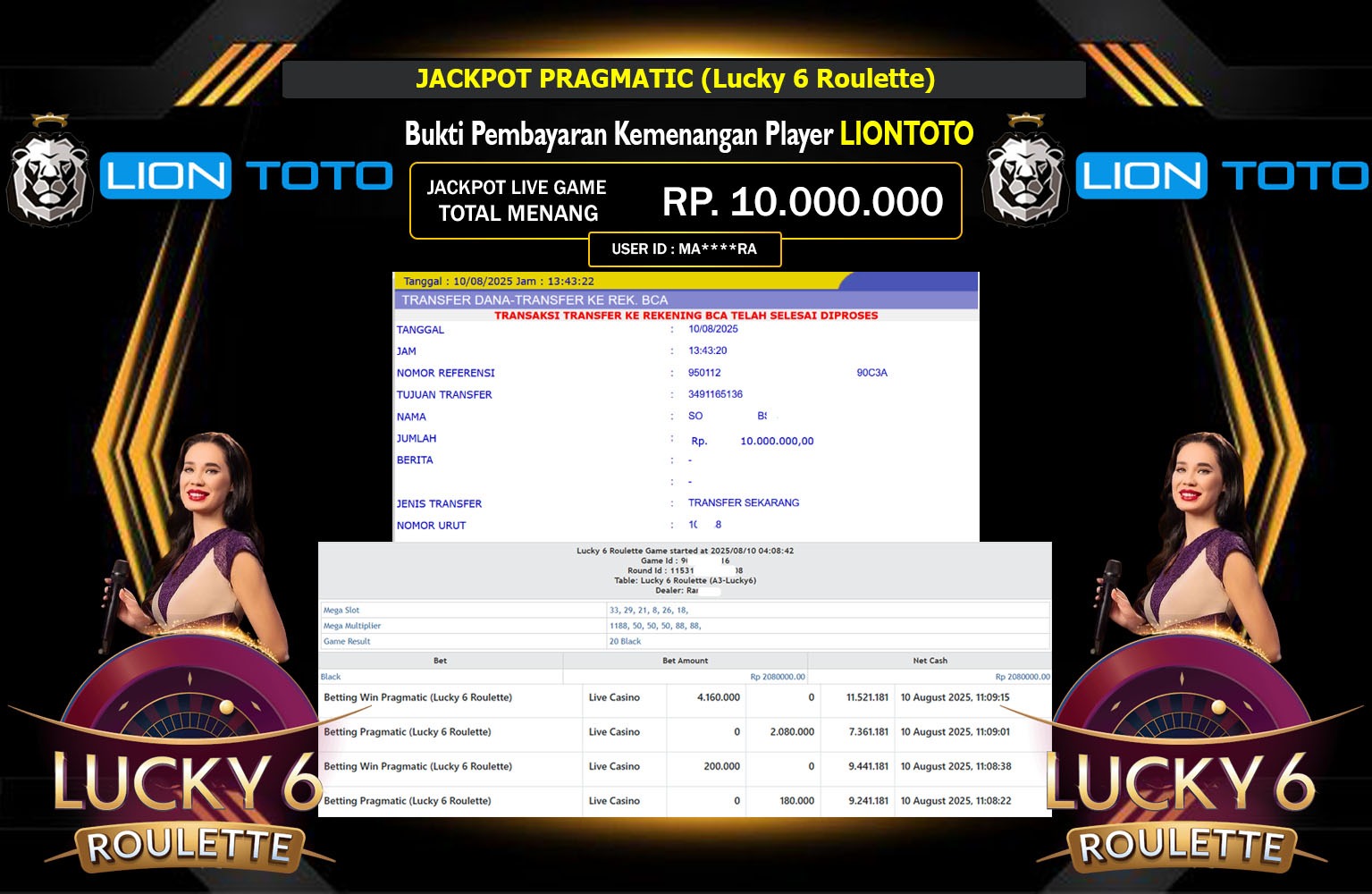 LIONTOTO JACKPOT PRAGMATIC (LUCKY 6 ROULETTE) Rp.10.000.000,- LUNAS
