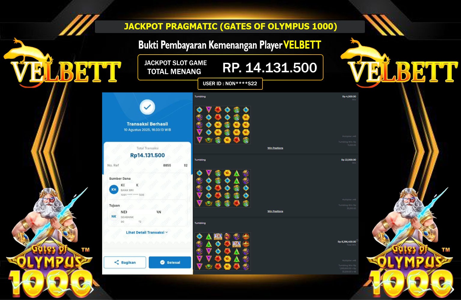 VELBETT JACKPOT PRAGMATIC (GATES OF OLYMPUS 1000) Rp.14.131.500,- LUNAS
