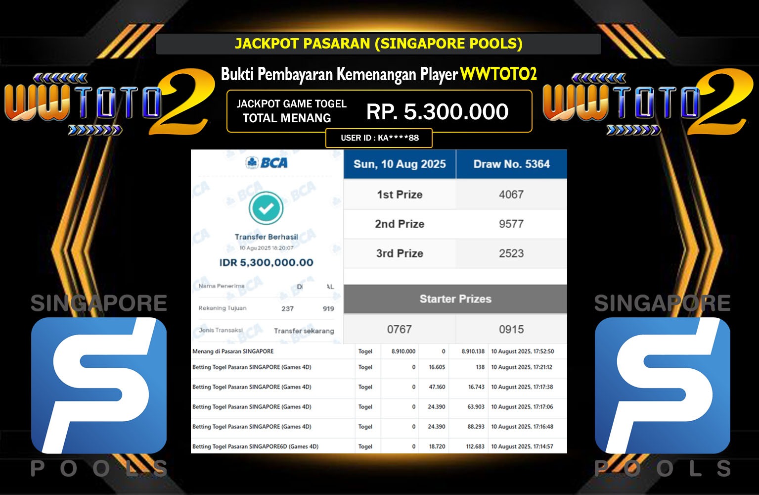 WWTOTO2 JACKPOT PASARAN (SINGAPORE POOLS) Rp.5.300.000,- LUNAS