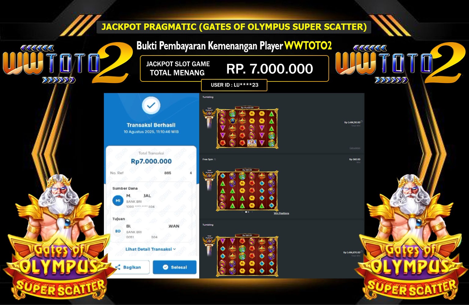 WWTOTO2 JACKPOT PRAGMATIC (GATES OF OLYMPUS SUPER SCATTER) Rp.7.000.000,- LUNAS