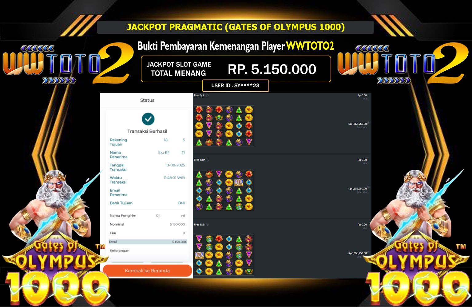 WWTOTO2 JACKPOT PRAGMATIC (GATES OF OLYMPUS 1000) Rp.5.150.000,- LUNAS