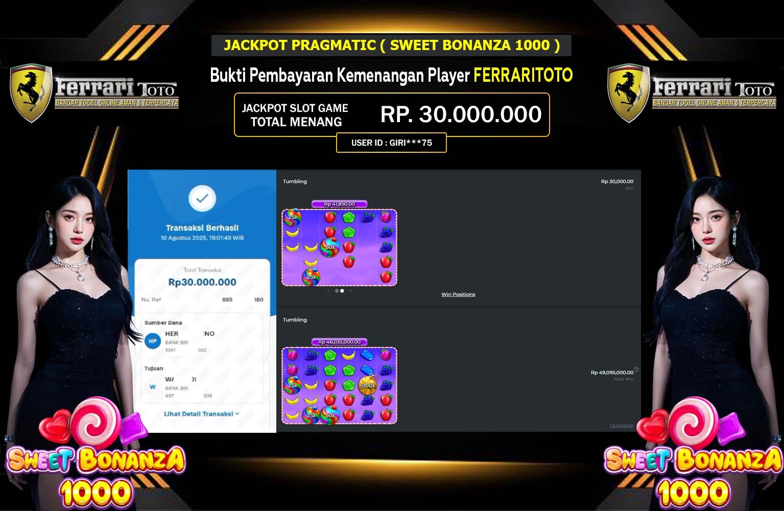 FERRARITOTO JACKPOT PRAGMATIC (SWEET BONANZA 1000) Rp.30.000.000,- LUNAS