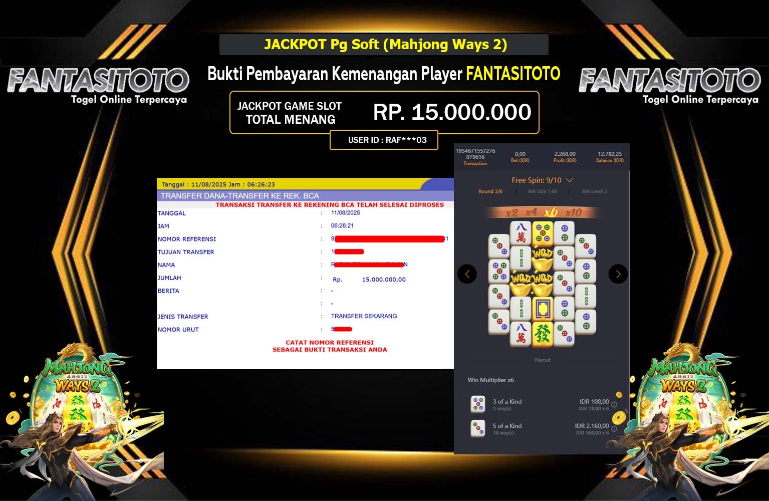 FANTASITOTO JACKPOT PG SOFT (MAHJONG WAYS 2)  Rp.15.000.000,- LUNAS