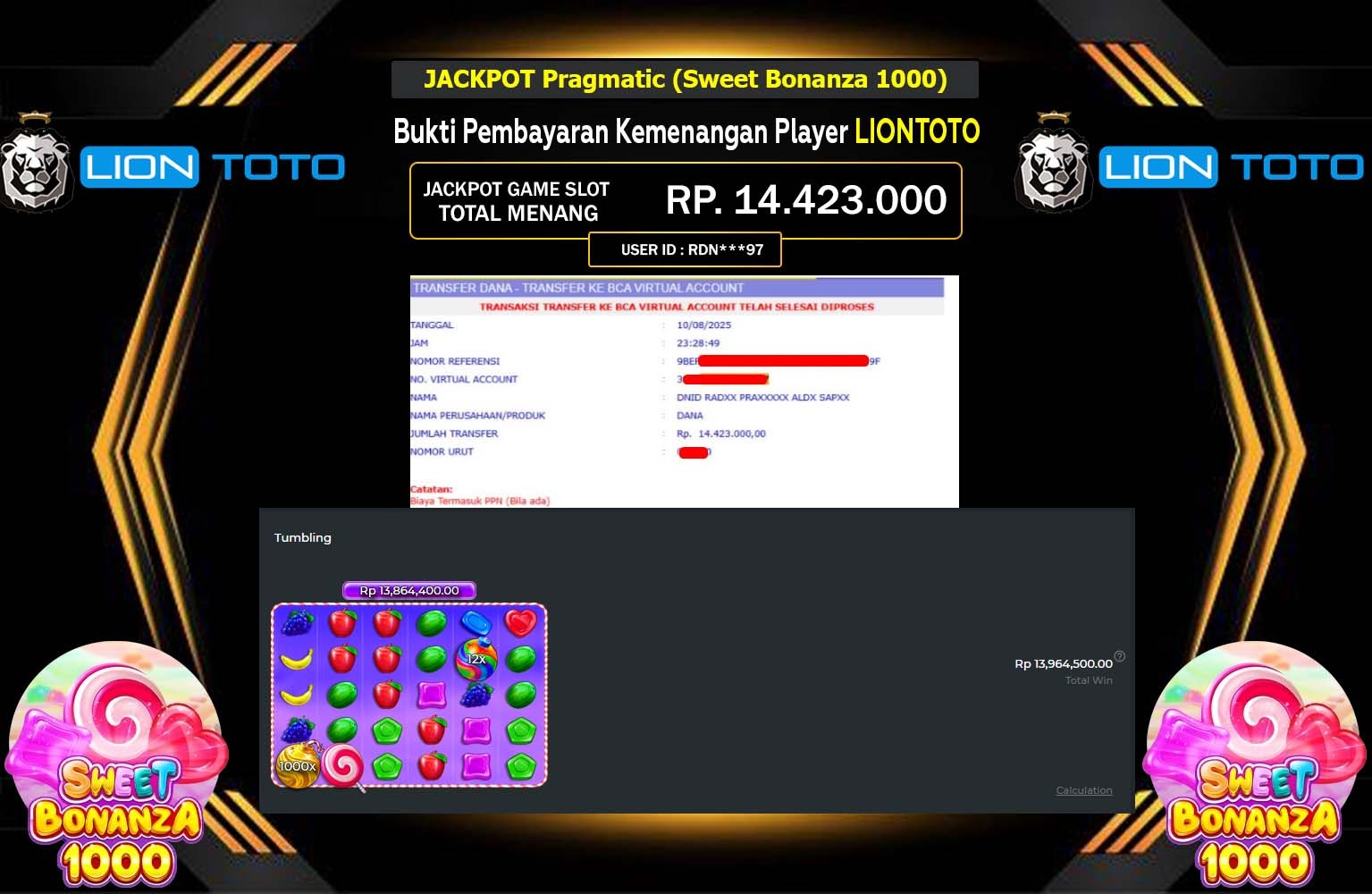 LIONTOTO JACKPOT Pragmatic (Sweet Bonanza 1000) Rp.14.423.000,- LUNAS