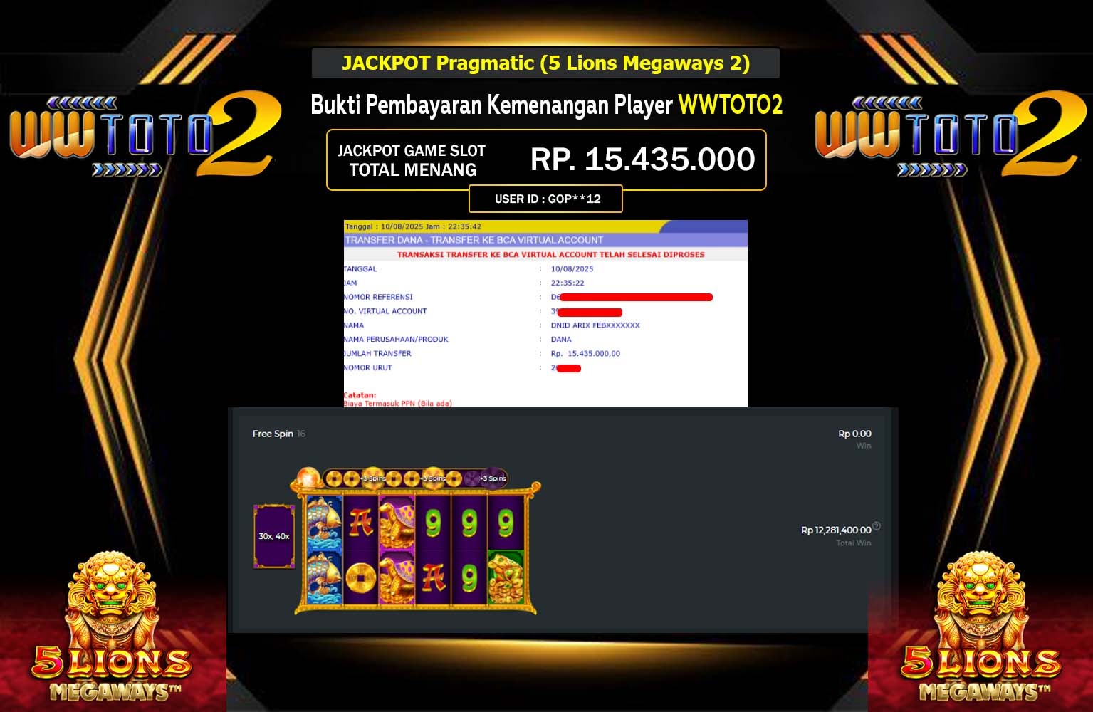 WWTOTO2 JACKPOT Pragmatic (5 Lions Megaways 2)  Rp.15.435.000,- LUNAS