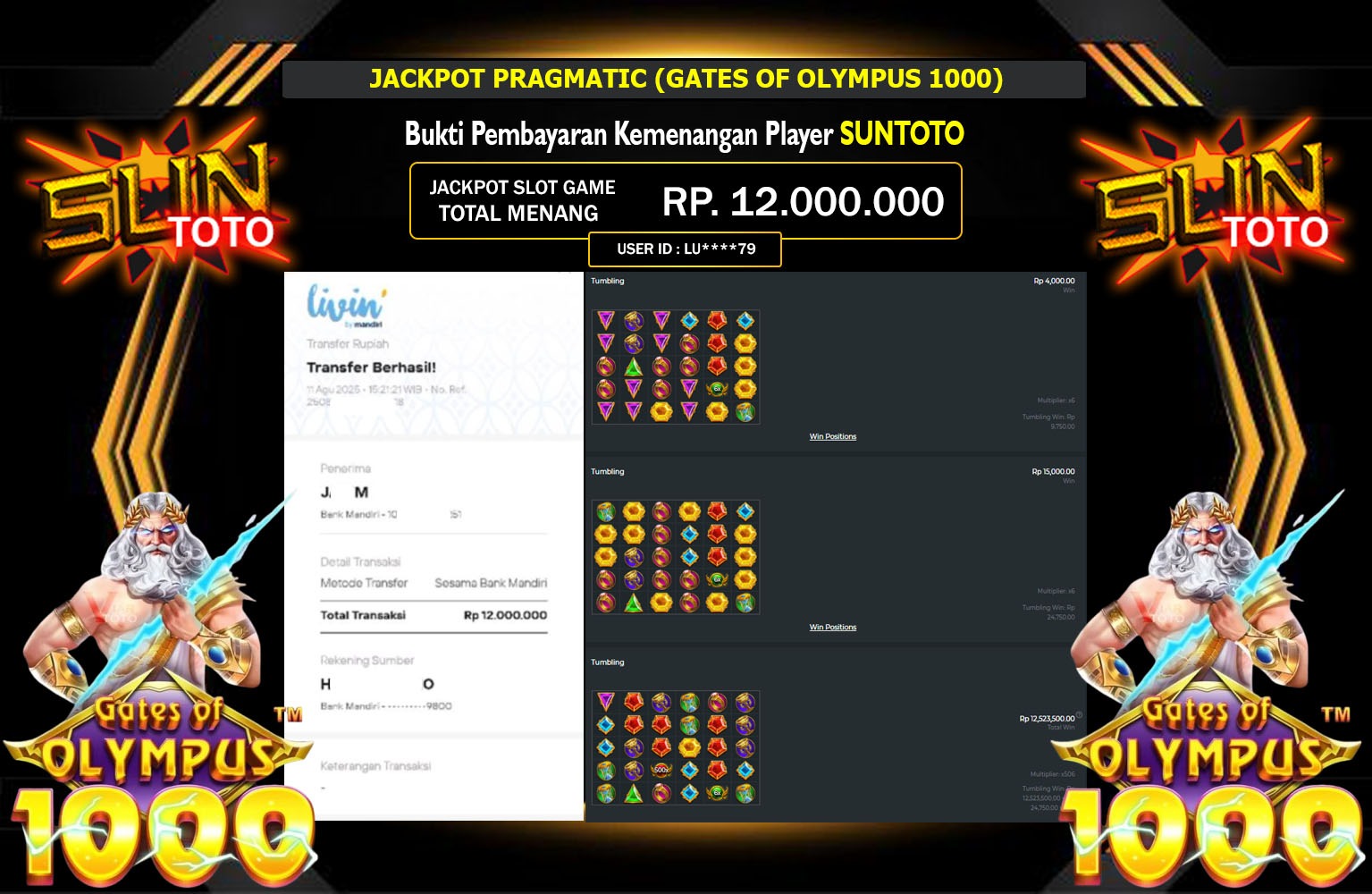 SUNTOTO JACKPOT PRAGMATIC (GATES OF OLYMPUS 1000)  Rp.12.000.000,- LUNAS
