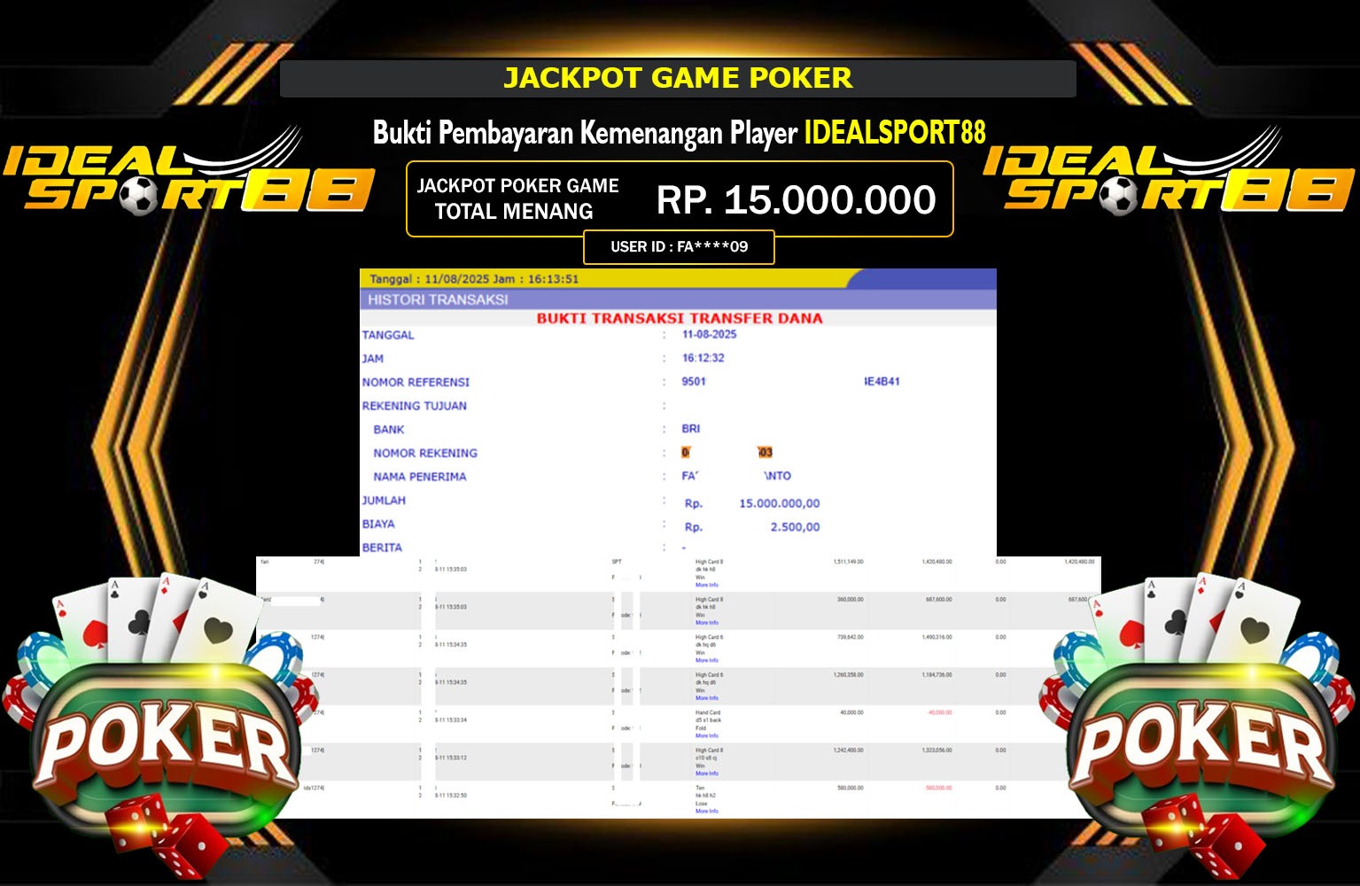 IDEALSPORT88 JACKPOT GAME POKER Rp.15.000.000,- LUNAS