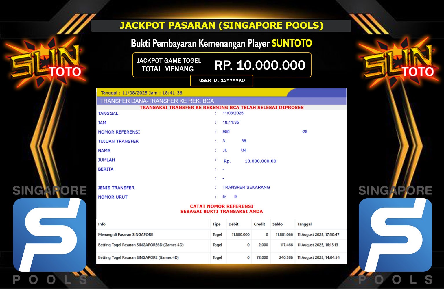 SUNTOTO JACKPOT PASARAN (SINGAPORE POOLS)  Rp.10.000.000,- LUNAS