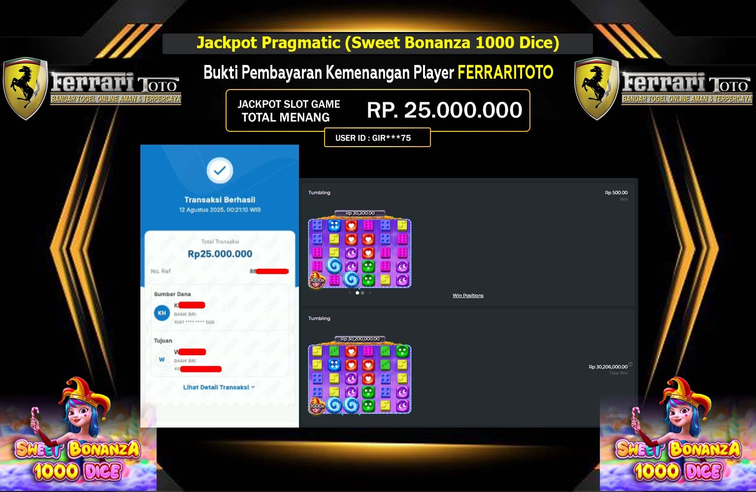 FERRARITOTO JACKPOT PRAGMATIC (SWEET BONANZA 1000 Dice ) Rp.25.000.000,- LUNAS
