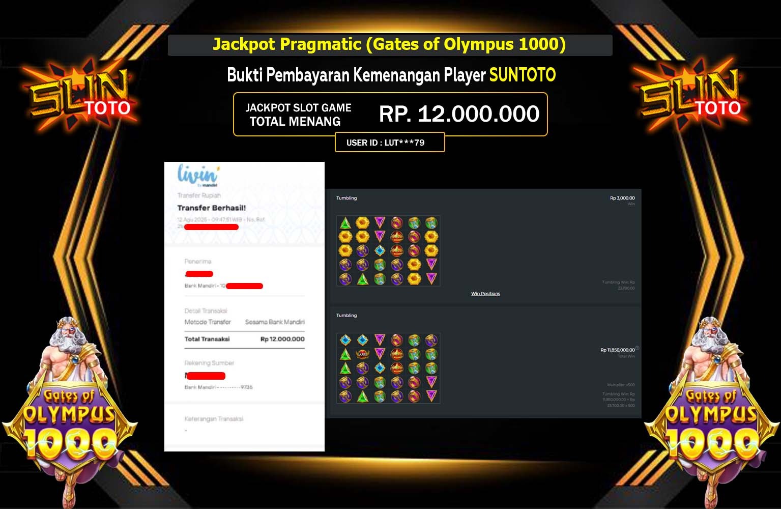 SUNTOTO JACKPOT PRAGMATIC (GATES OF OLYMPUS 1000)  Rp.12.000.000,- LUNAS