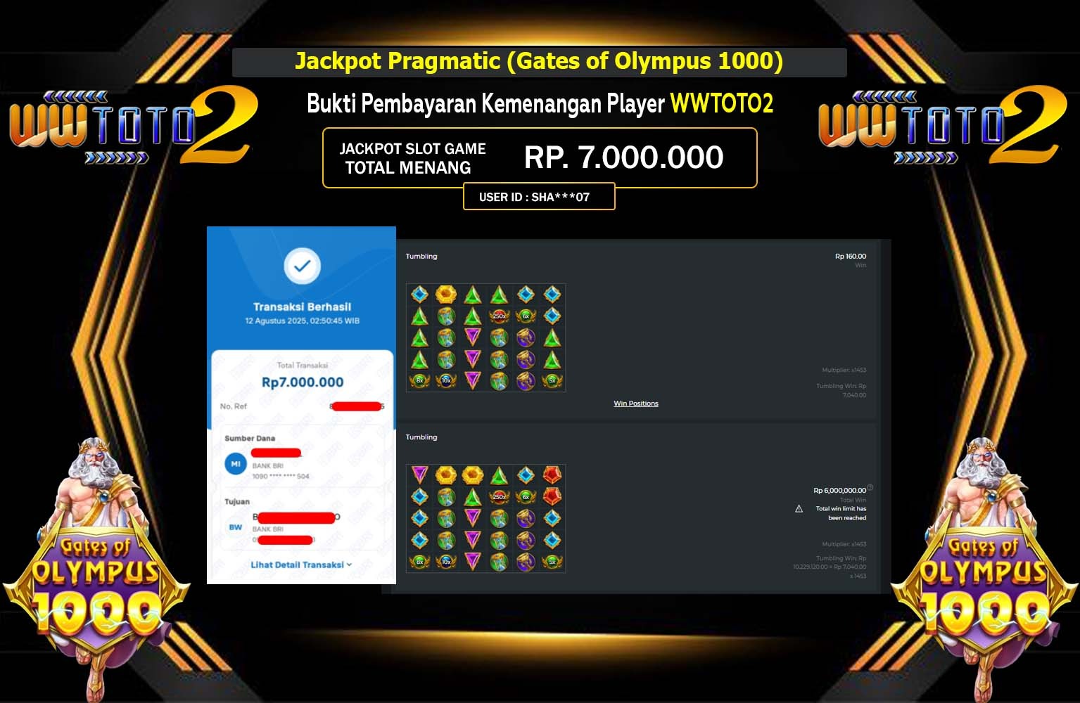 WWTOTO2 JACKPOT PRAGMATIC (GATES OF OLYMPUS 1000) Rp.7.000.000,- LUNAS