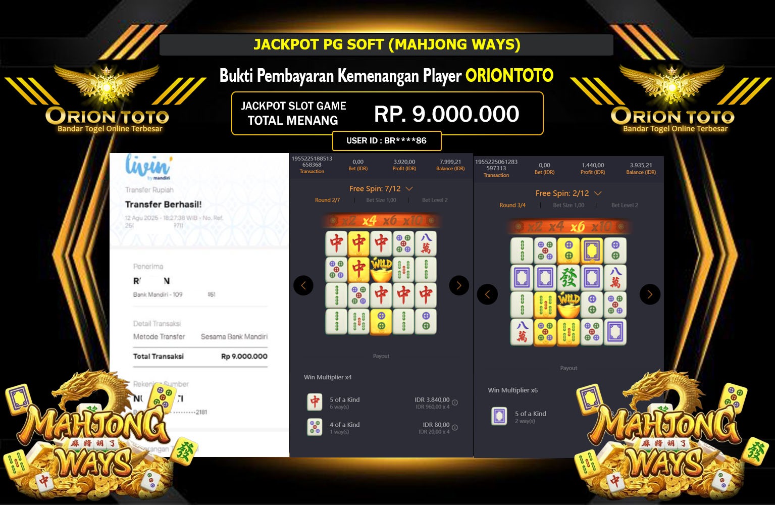 ORIONTOTO JACKPOT PG SOFT (MAHJONG WAYS)  Rp.9.000.000,- LUNAS