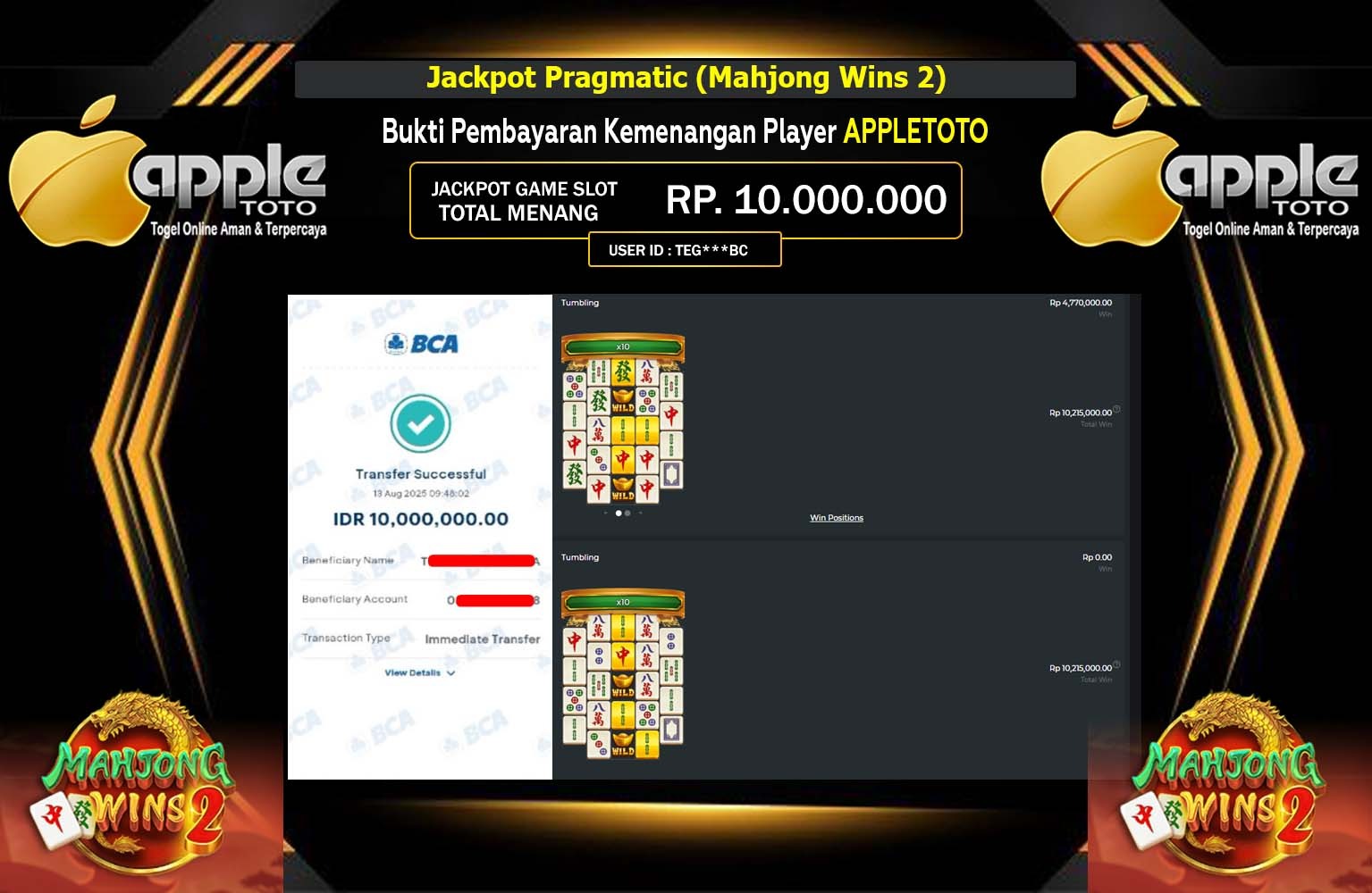 APPLETOTO JACKPOT Pragmatic (Mahjong Wins 2) Rp.10.000.000,- LUNAS