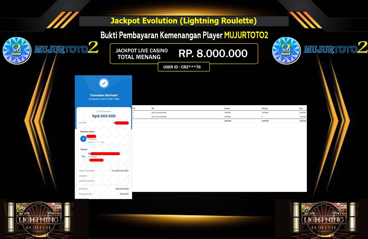 MUJURTOTO2 JACKPOT Evolution (Lightning Roulette) Rp.8.000.000,- LUNAS