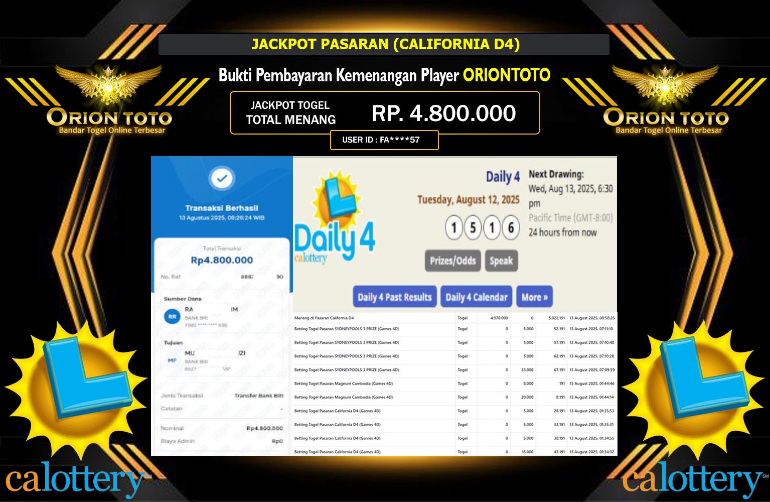 ORIONTOTO JACKPOT PASARAN (CALIFORNIA D4) Rp.4.800.000,- LUNAS