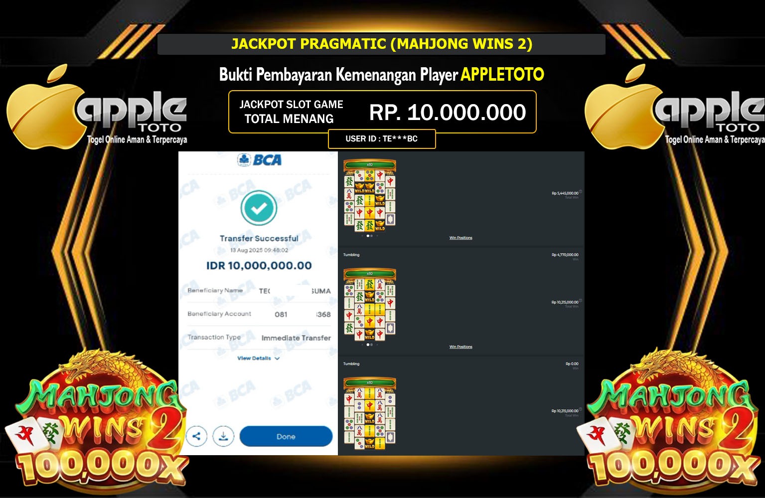 APPLETOTO JACKPOT PRAGMATIC (MAHJONG WINS 2) Rp.10.000.000,- LUNAS