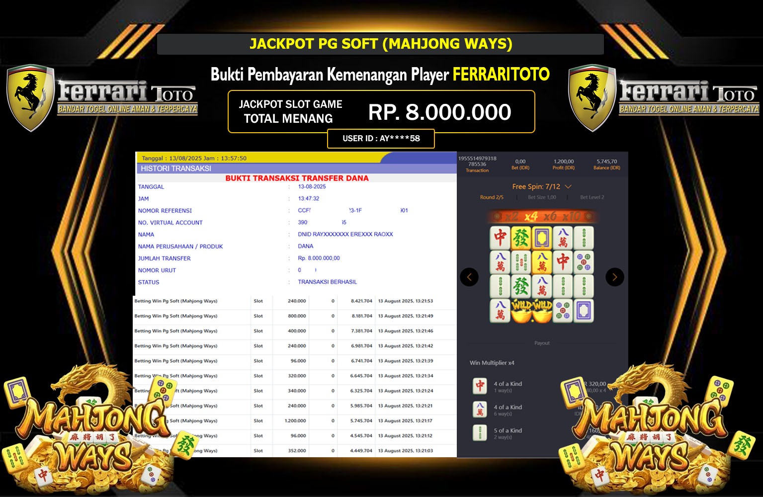 FERRARITOTO JACKPOT PG SOFT (MAHJONG WAYS) Rp.8.000.000,- LUNAS