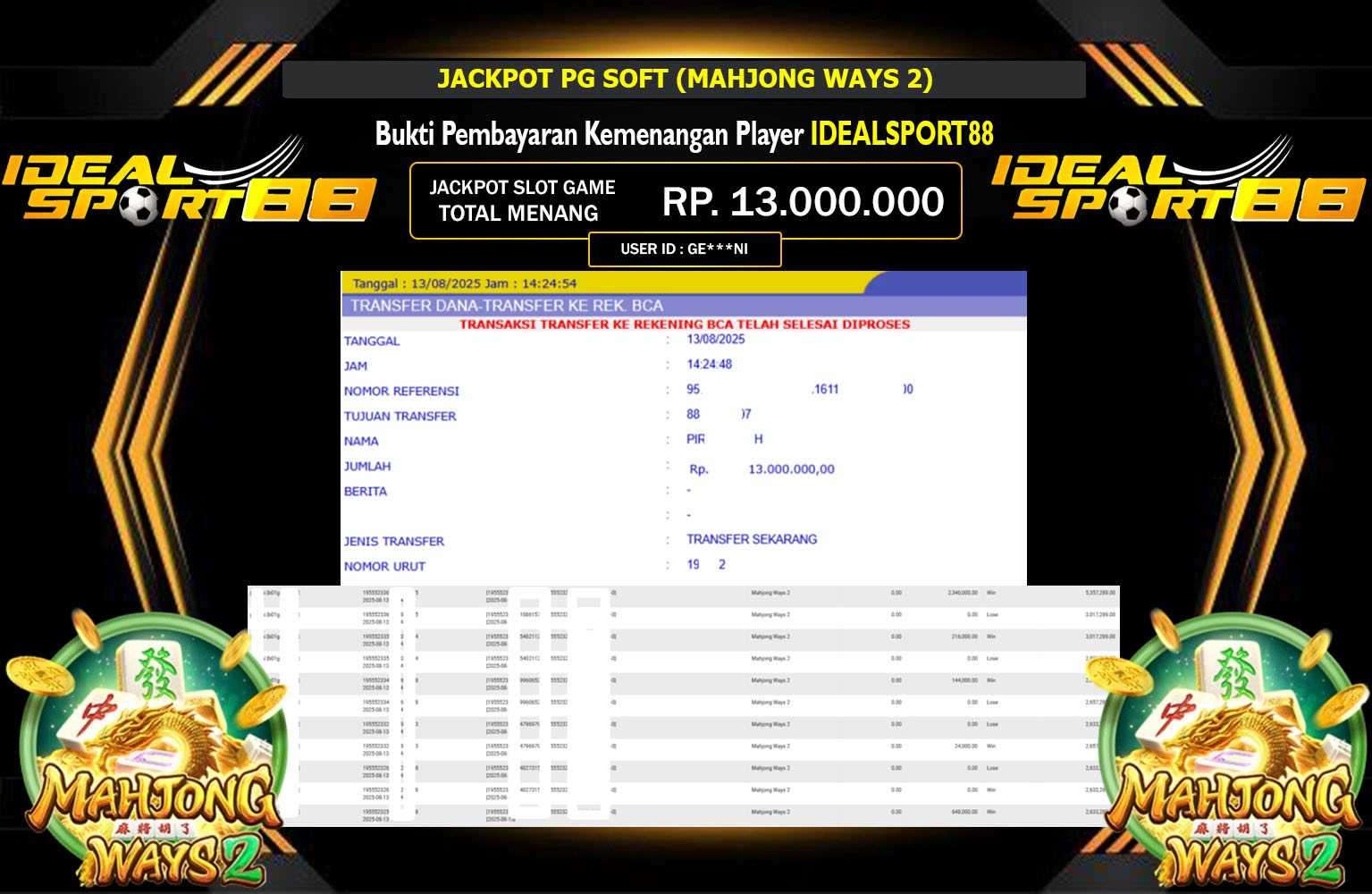 IDEALSPORT88 JACKPOT PG SOFT (MAHJONG WAYS 2) Rp.13.000.000,- LUNAS