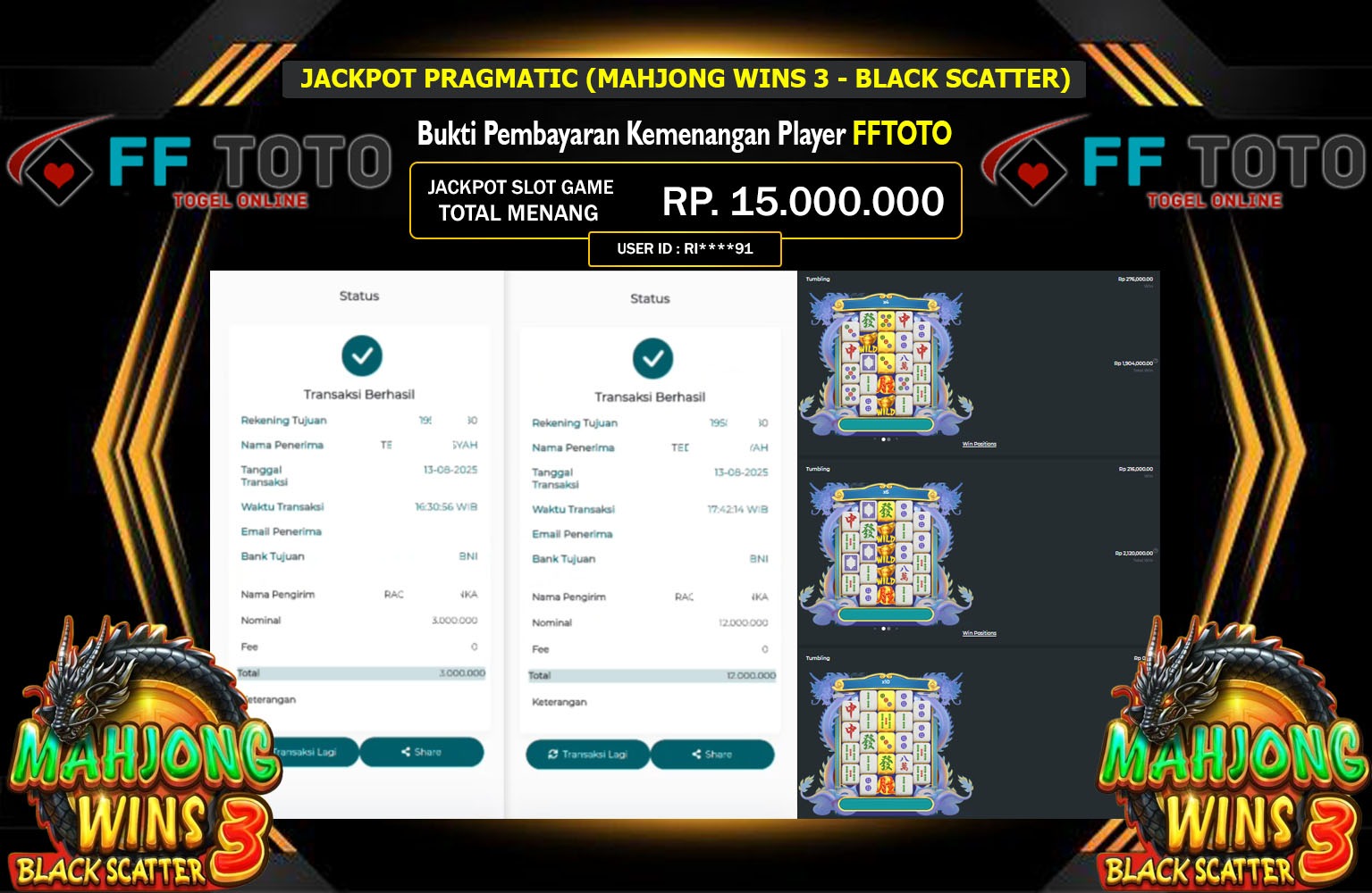 FFTOTO JACKPOT PRAGMATIC (MAHJONG WINS 3 - BLACK SCATTER) Rp.15.000.000,- LUNAS