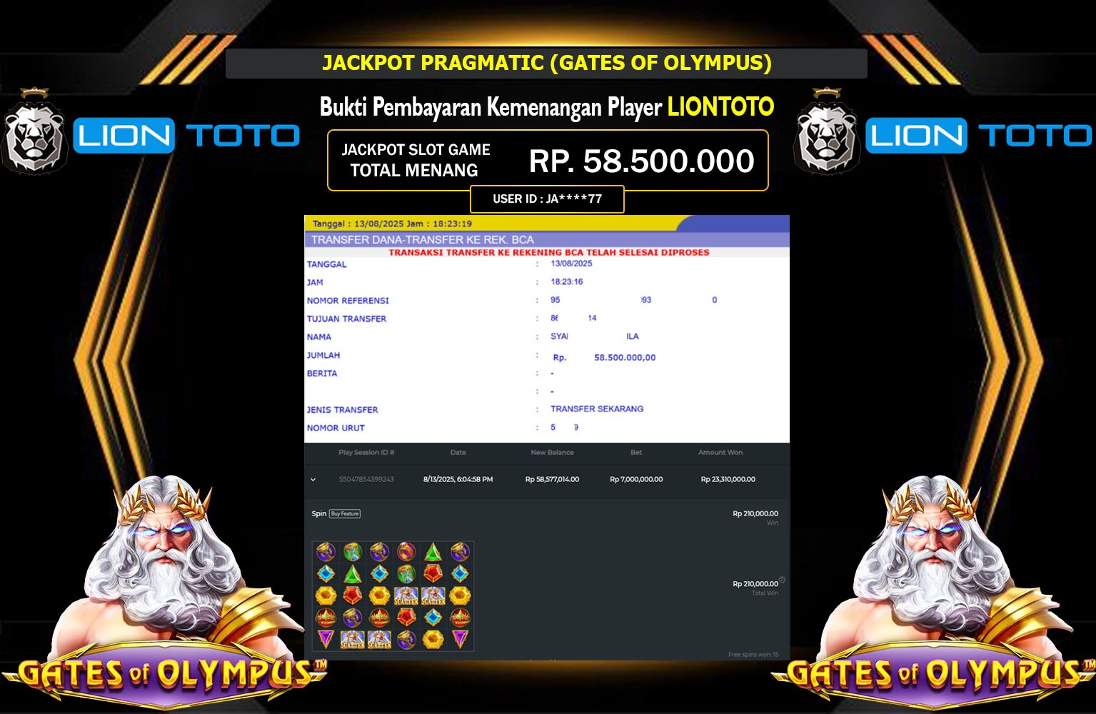LIONTOTO JACKPOT PRAGMATIC (GATES OF OLYMPUS) Rp.58.500.000,- LUNAS