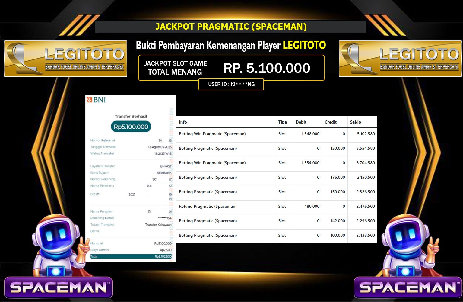 LEGITOTO JACKPOT PRAGMATIC (SPACEMAN) Rp.5.100.000,- LUNAS