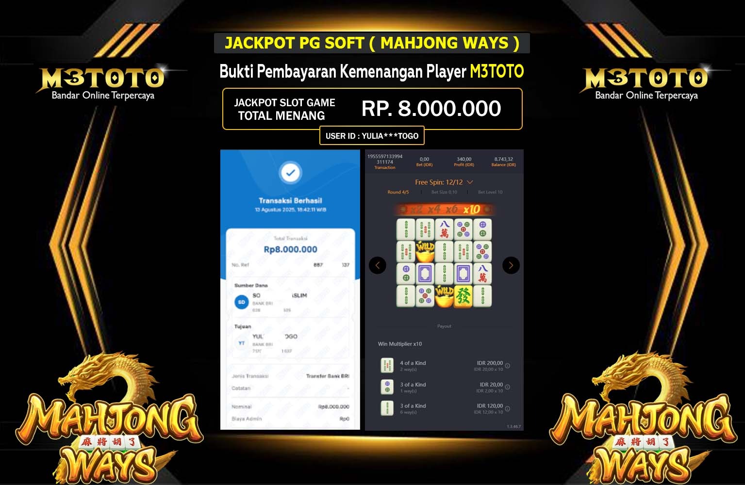 M3TOTO JACKPOT PG SOFT (MAHJONG WAYS) Rp.8.000.000,- LUNAS