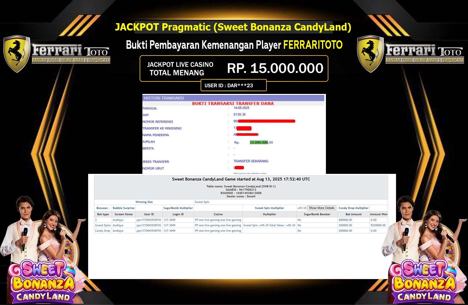 FERRARITOTO JACKPOT LIVE CASINO SWEET BONANZA CANDYLAND  Rp.15.000.000,- LUNAS