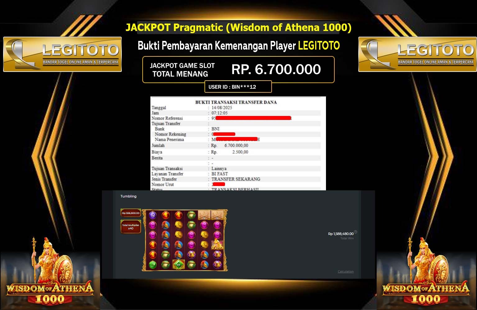 LEGITOTO JACKPOT Pragmatic (Wisdom of Athena 1000) Rp.6.700.000,- LUNAS