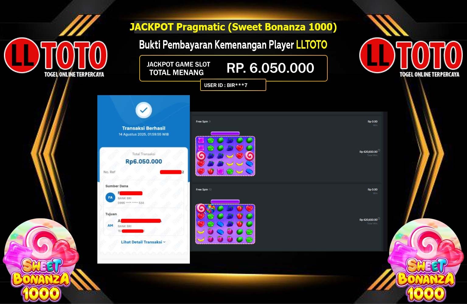 LLTOTO JACKPOT PRAGMATIC SWEET BONANZA 1000 Rp.6.050.000,- LUNAS