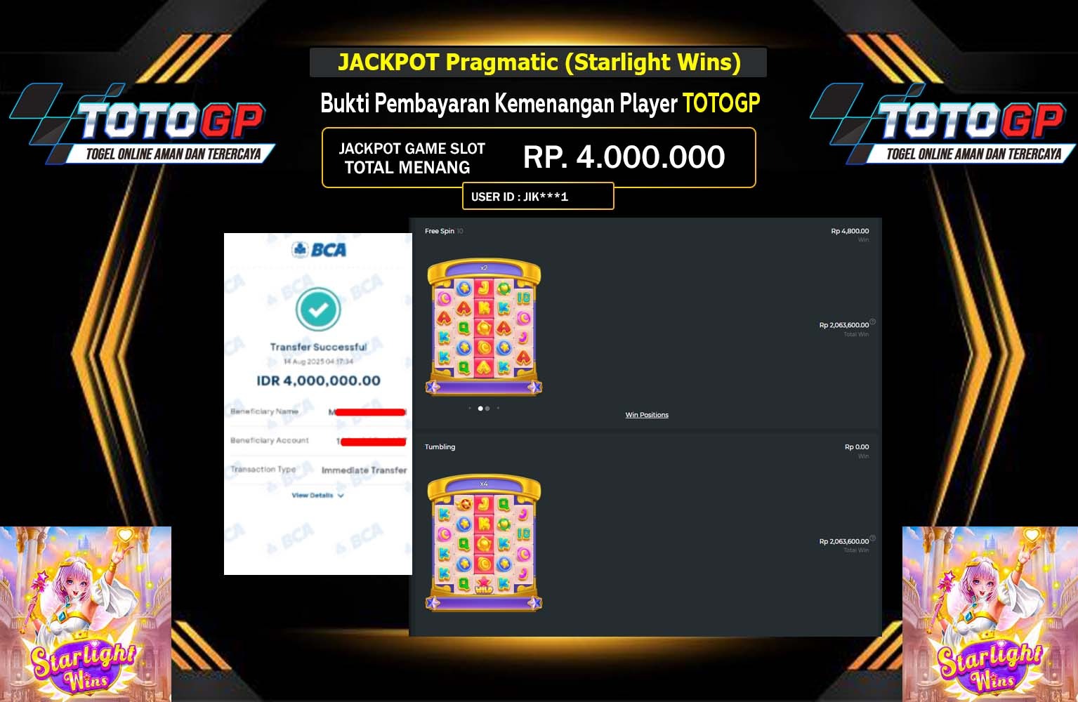 TOTOGP JACKPOT Pragmatic (Starlight Wins) Rp.4.000.000,- LUNAS