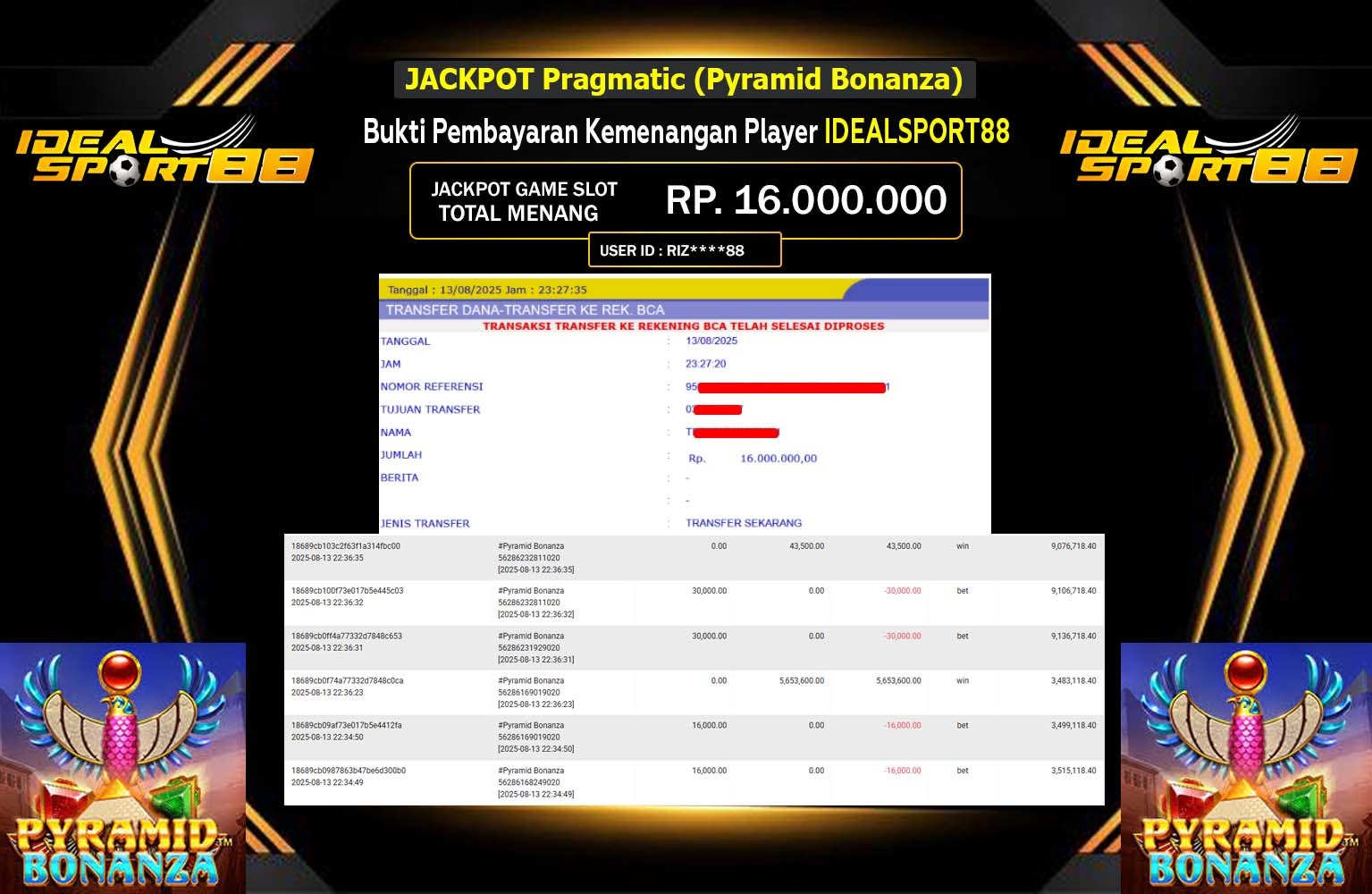 IDEALSPORT88 JACKPOT PRAGMATIC (Pyramid Bonanza ) Rp.16.000.000,- LUNAS