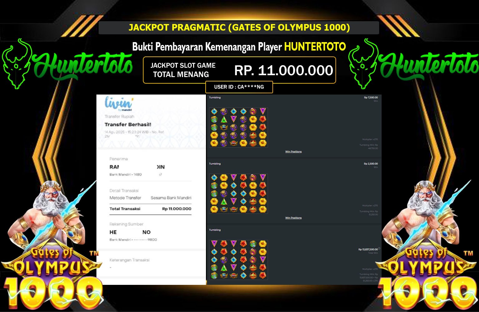 HUNTERTOTO JACKPOT PRAGMATIC (GATES OF OLYMPUS 1000) Rp.11.000.000,- LUNAS