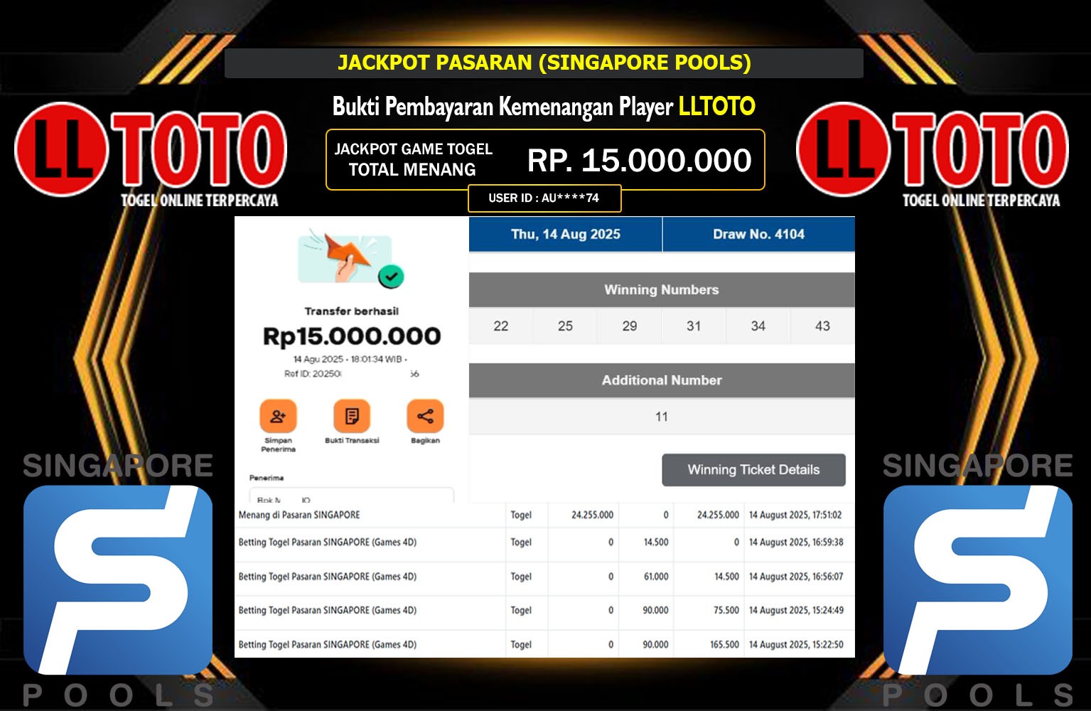 LLTOTO JACKPOT PASARAN (SINGAPORE POOLS) Rp.15.000.000,- LUNAS
