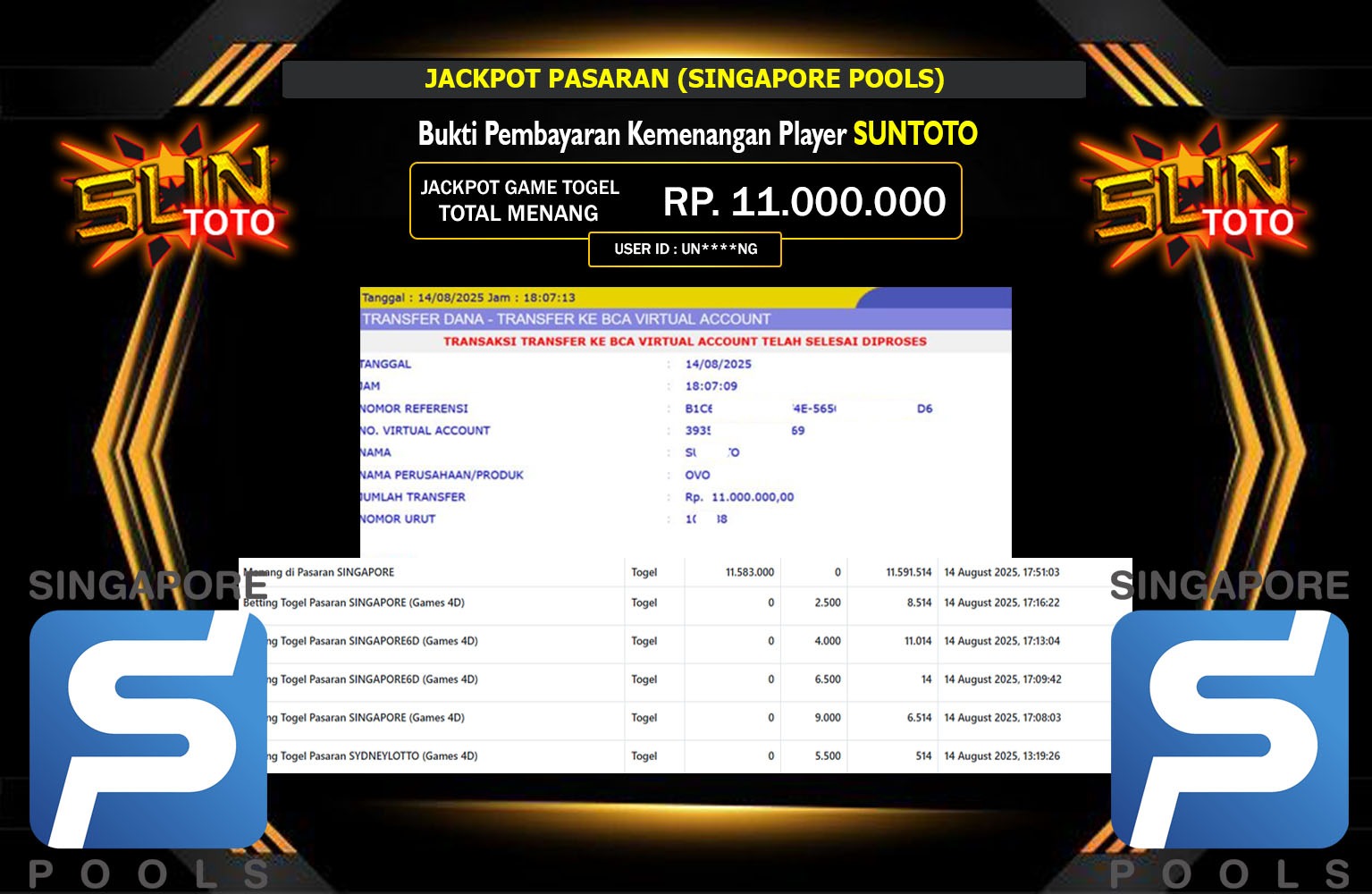 SUNTOTO JACKPOT PASARAN (SINGAPORE POOLS) Rp.11.000.000,- LUNAS