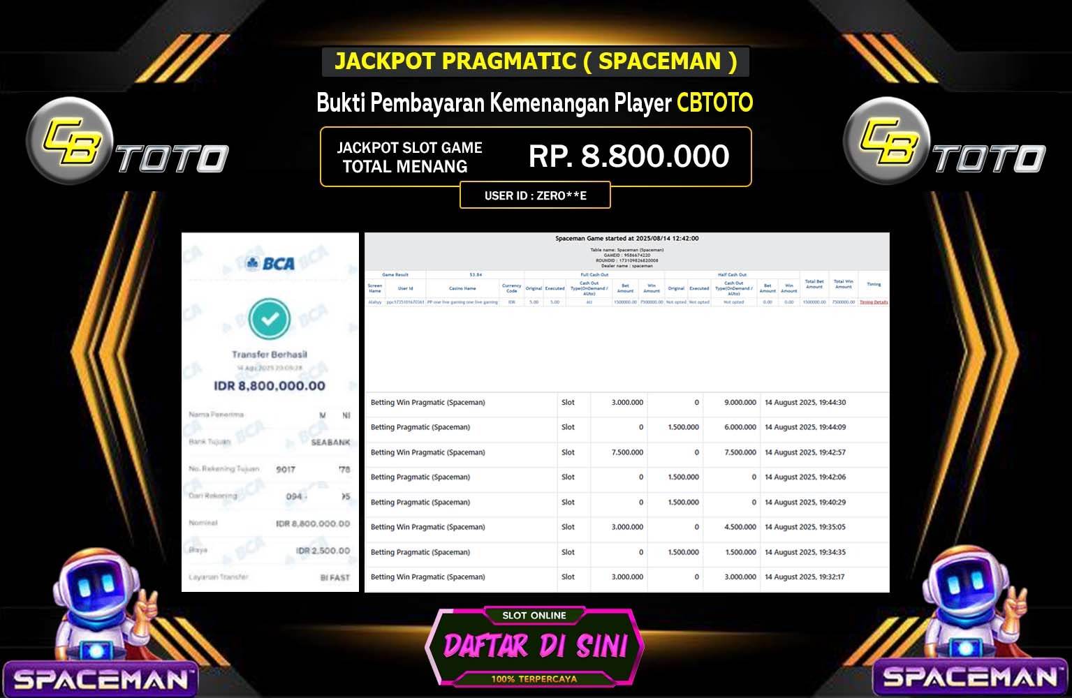CBTOTO JACKPOT PRAGMATIC (SPACEMAN) Rp.8.800.000,- LUNAS