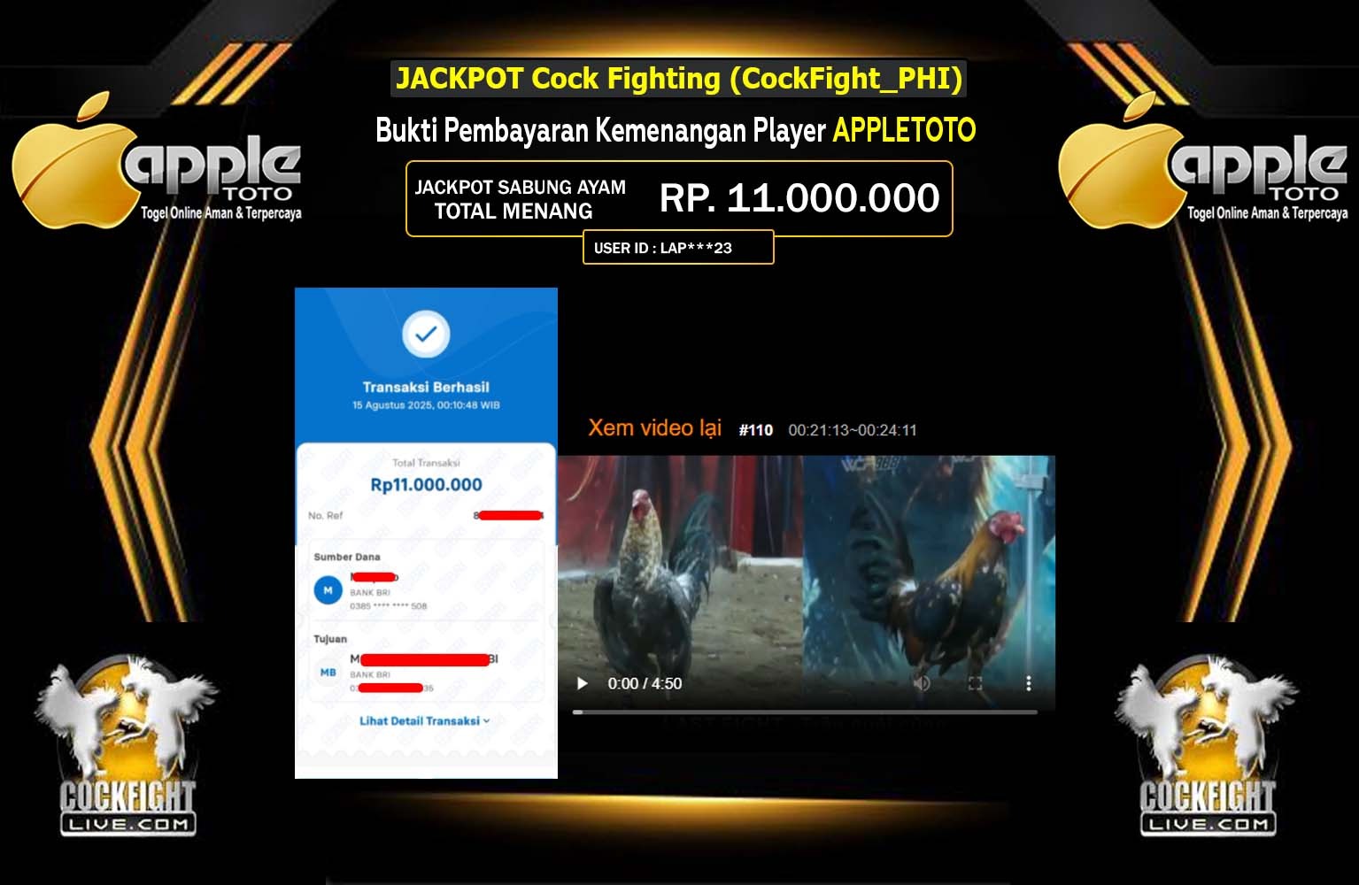 APPLETOTO JACKPOT Cock Fighting (CockFight_PHI) Rp.11.000.000,- LUNAS