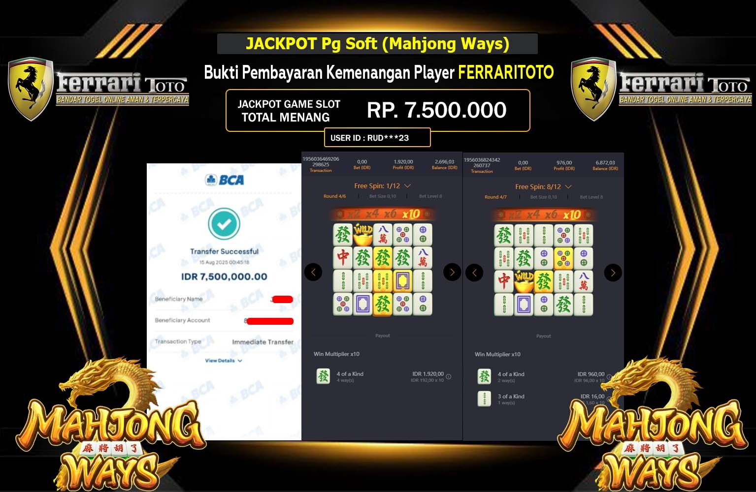 FERRARITOTO JACKPOT PG SOFT (MAHJONG WAYS) Rp.7.500.000,- LUNAS