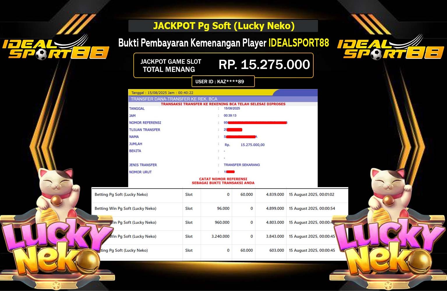 IDEALSPORT88 JACKPOT Pg Soft (Lucky Neko) Rp.15.275.00,- LUNAS